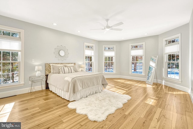 bedroom featuring ceiling fan and light wood-type flooring