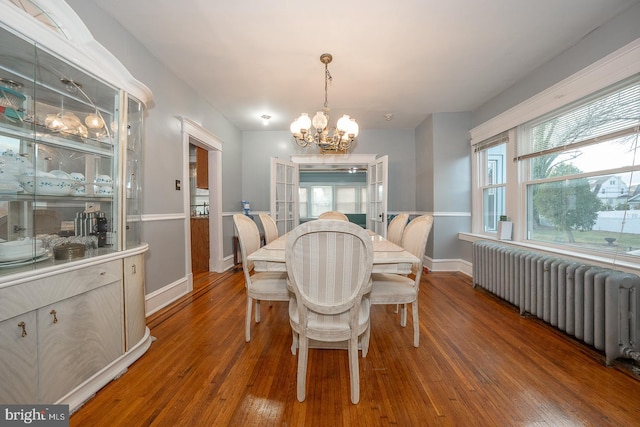 dining space featuring hardwood / wood-style flooring, radiator heating unit, and a wealth of natural light