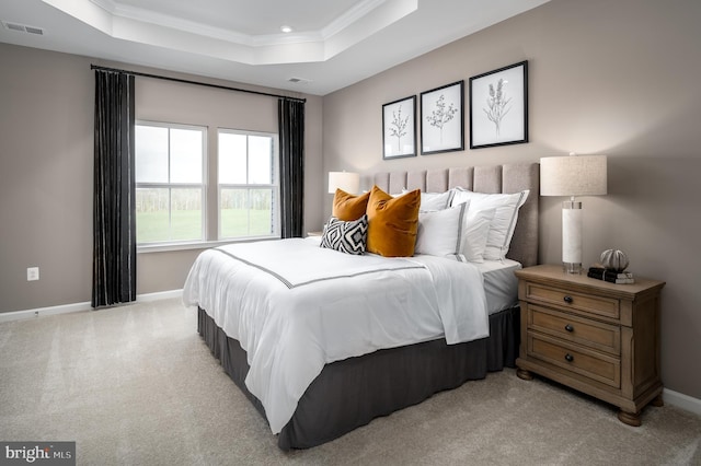 carpeted bedroom featuring a raised ceiling and crown molding