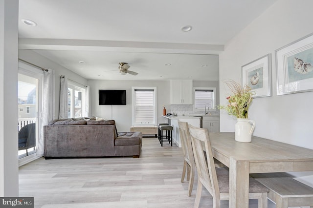 dining room featuring light hardwood / wood-style flooring, plenty of natural light, and ceiling fan