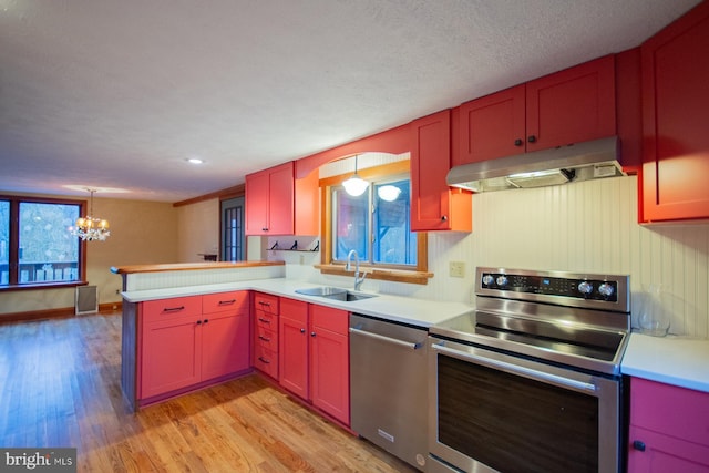 kitchen featuring sink, a notable chandelier, kitchen peninsula, appliances with stainless steel finishes, and light wood-type flooring