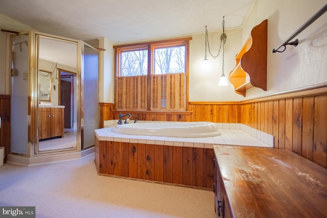 bathroom with a washtub and wood walls