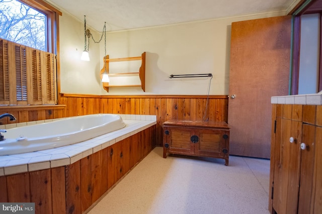 bathroom featuring wooden walls