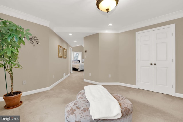 living area featuring crown molding and light carpet