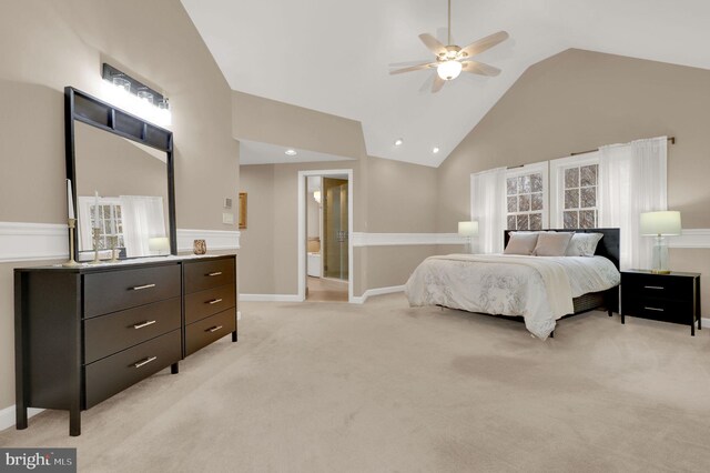 carpeted bedroom with high vaulted ceiling and ceiling fan