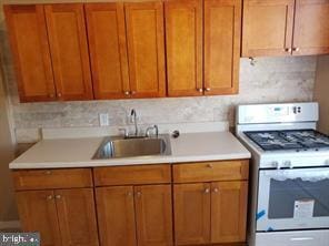 kitchen with white gas stove and sink