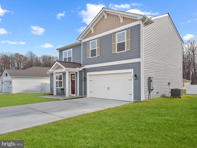 view of front of property featuring central air condition unit, a front lawn, and a garage