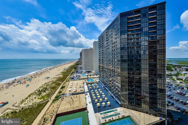 exterior space featuring a beach view