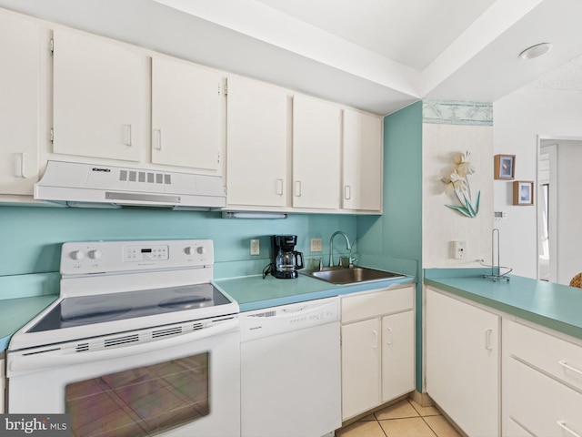 kitchen featuring white cabinetry, sink, ventilation hood, white appliances, and light tile patterned floors