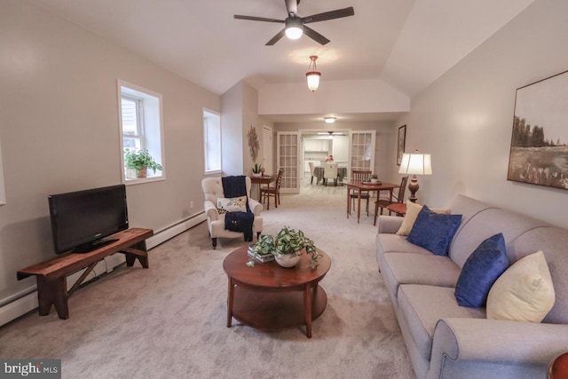 6381 Glatfelters Station Rd, Seven Valleys, PA 17360 - living room featuring ceiling fan, a baseboard radiator, carpet floors, lofted ceiling, and french doors