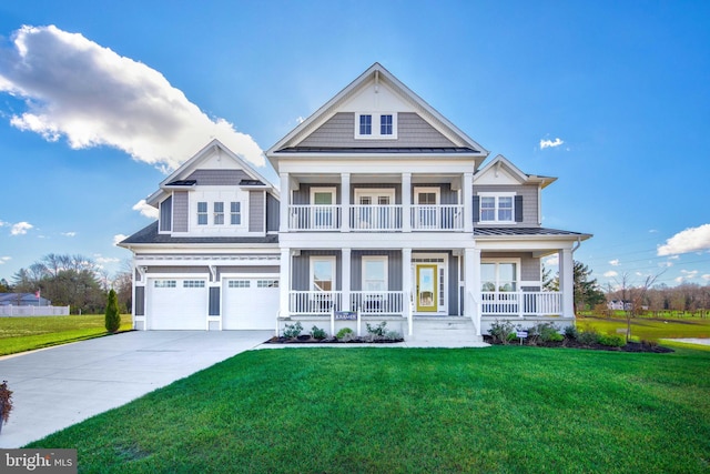 craftsman-style house with a balcony, a front lawn, a porch, and a garage