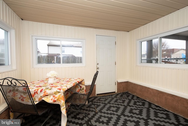 dining area with wooden walls