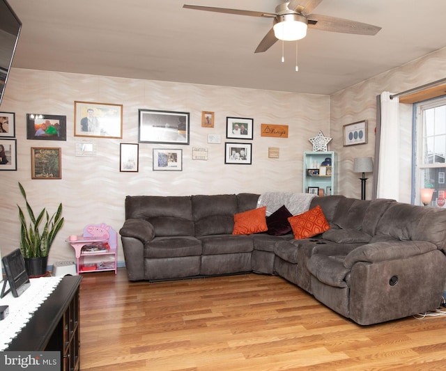 living room with ceiling fan and wood-type flooring