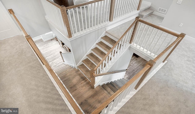 stairs featuring carpet flooring