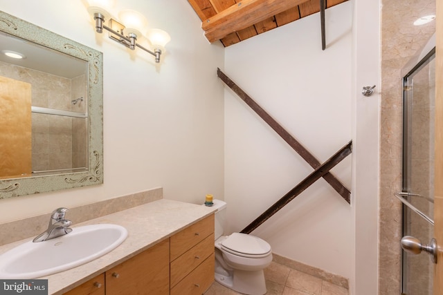 bathroom featuring vanity, wooden ceiling, tile patterned floors, toilet, and an enclosed shower