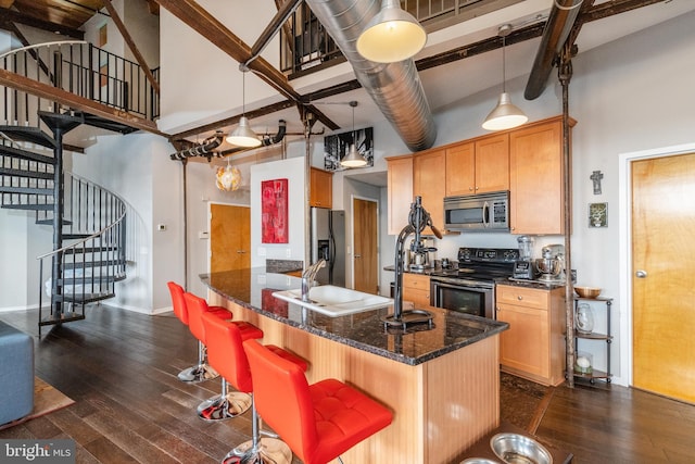 kitchen with dark wood-type flooring, stainless steel appliances, a high ceiling, and sink