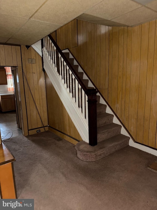 stairs with wood walls