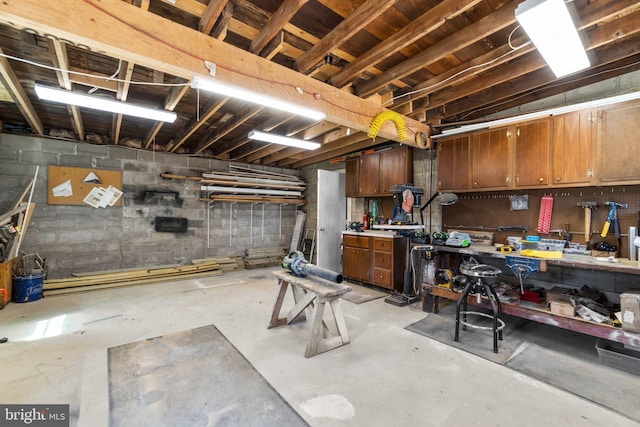 basement with a workshop area