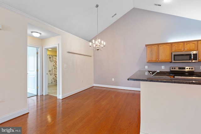 kitchen with high vaulted ceiling, light hardwood / wood-style floors, a chandelier, pendant lighting, and appliances with stainless steel finishes