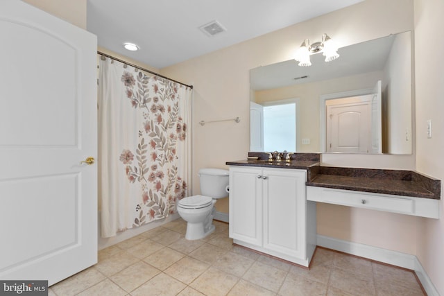 full bathroom featuring tile patterned floors, vanity, shower / tub combo, and toilet