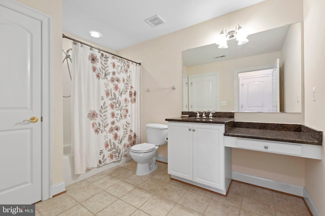 full bathroom with tile patterned flooring, shower / bath combo, vanity, and toilet