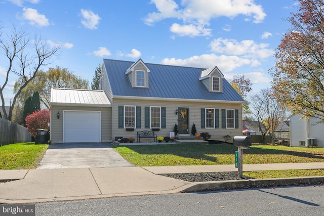 cape cod-style house with a front lawn and a garage