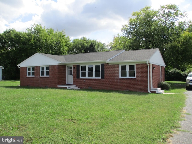 22403 Marsh Creek Rd, Preston, MD 21655 - ranch-style house featuring a front lawn, brick siding, roof with shingles, and crawl space
