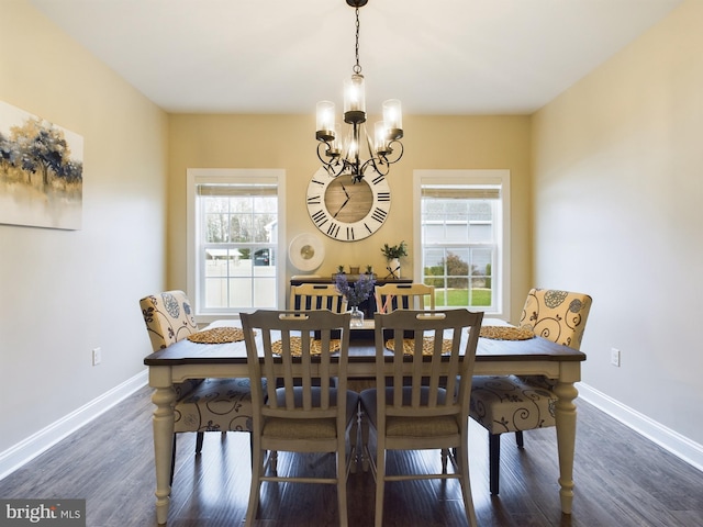 dining area featuring a notable chandelier, dark hardwood / wood-style flooring, and a wealth of natural light