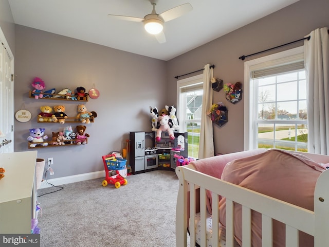 bedroom featuring carpet flooring and ceiling fan