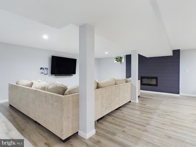 living room featuring a fireplace and light wood-type flooring