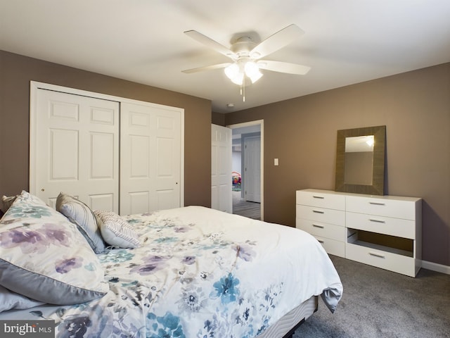 carpeted bedroom featuring a closet and ceiling fan