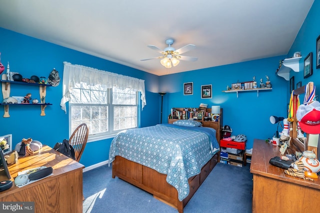 carpeted bedroom with ceiling fan