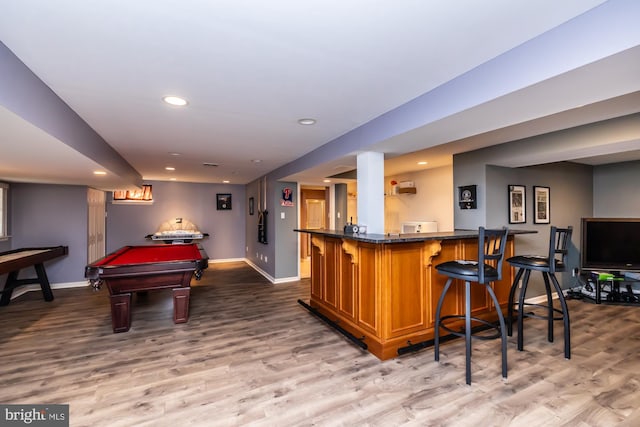 bar with hardwood / wood-style flooring and pool table