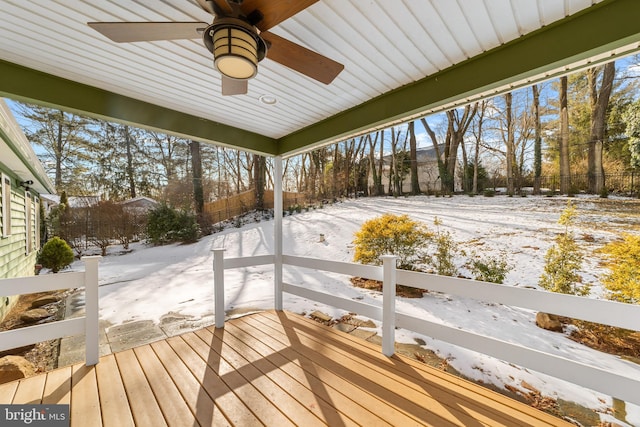 snow covered deck with ceiling fan