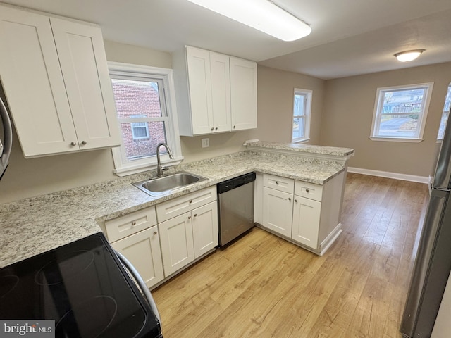 kitchen featuring kitchen peninsula, sink, stainless steel dishwasher, and plenty of natural light