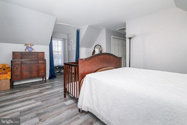 bedroom featuring light hardwood / wood-style floors, vaulted ceiling, and a closet