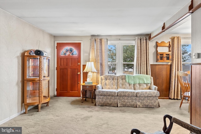 living room featuring light colored carpet