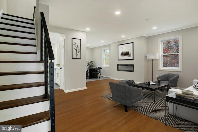 living room with wood-type flooring and crown molding