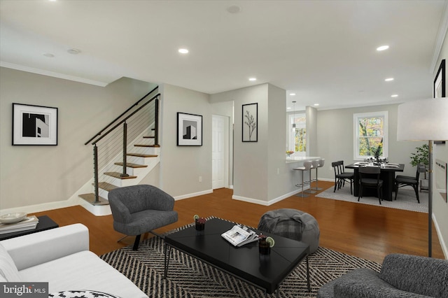 living room with hardwood / wood-style floors and ornamental molding