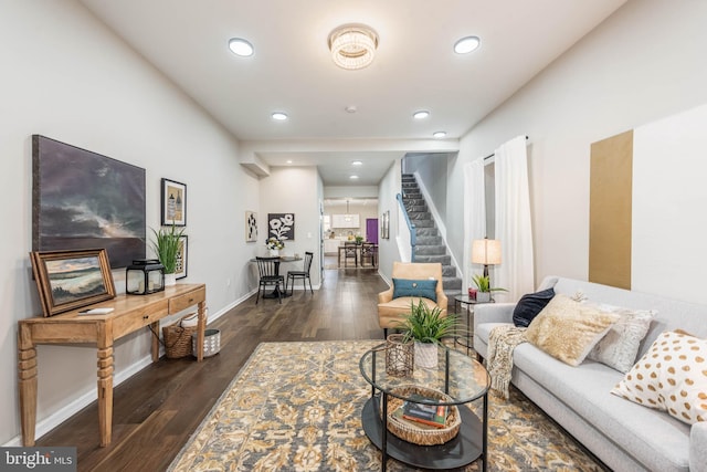 living room with dark hardwood / wood-style floors