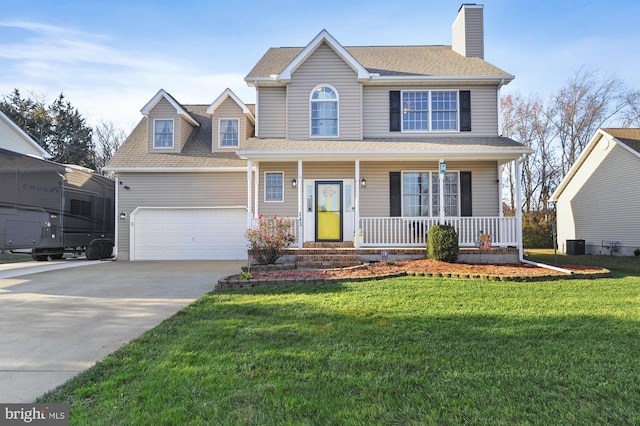 143 Mayor Ln, Felton, DE 19943 - traditional home featuring a porch, driveway, a chimney, a front yard, and roof with shingles