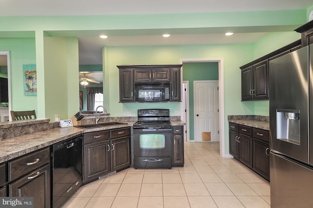 143 Mayor Ln, Felton, DE 19943 - kitchen featuring black appliances, a ceiling fan, light tile patterned floors, dark brown cabinetry, and recessed lighting
