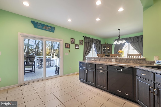 143 Mayor Ln, Felton, DE 19943 - kitchen with dishwasher, a chandelier, recessed lighting, hanging light fixtures, and light tile patterned flooring
