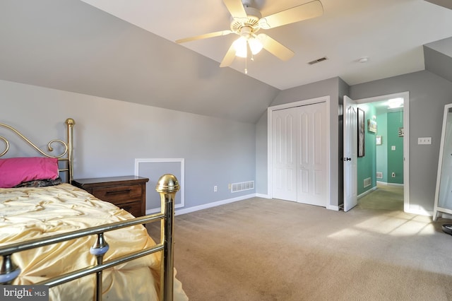 143 Mayor Ln, Felton, DE 19943 - bedroom featuring light carpet, lofted ceiling, a closet, and ceiling fan