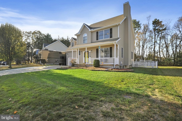 143 Mayor Ln, Felton, DE 19943 - view of front of house with a porch, concrete driveway, a chimney, a garage, and a front lawn