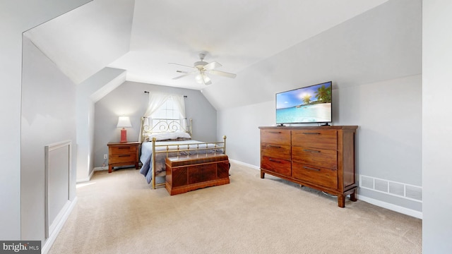143 Mayor Ln, Felton, DE 19943 - bedroom featuring light carpet, vaulted ceiling, and ceiling fan