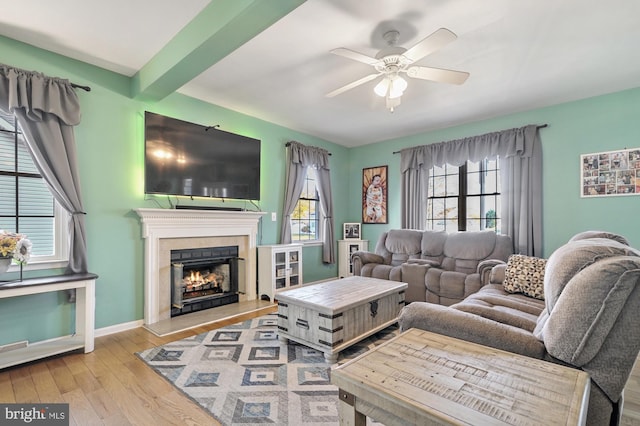 143 Mayor Ln, Felton, DE 19943 - living area with ceiling fan, light wood-type flooring, and a lit fireplace