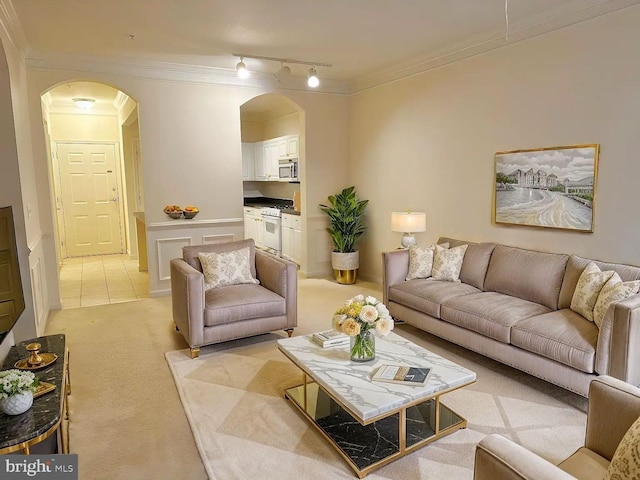 living room with rail lighting, crown molding, and light carpet