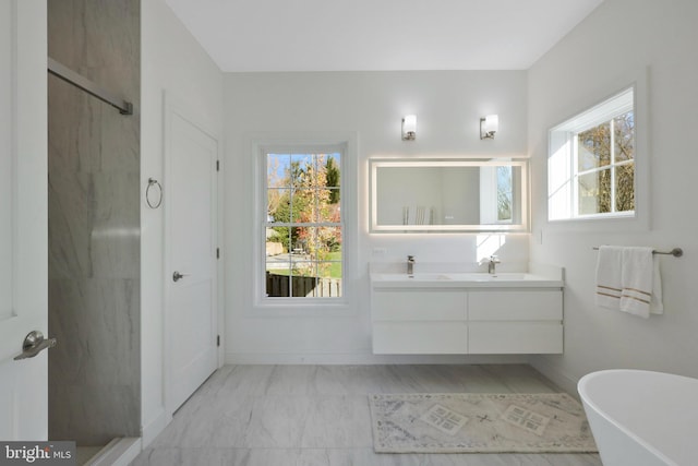 bathroom with a washtub, vanity, and a healthy amount of sunlight