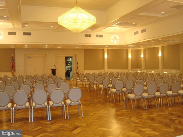 cinema with an inviting chandelier, parquet floors, and coffered ceiling